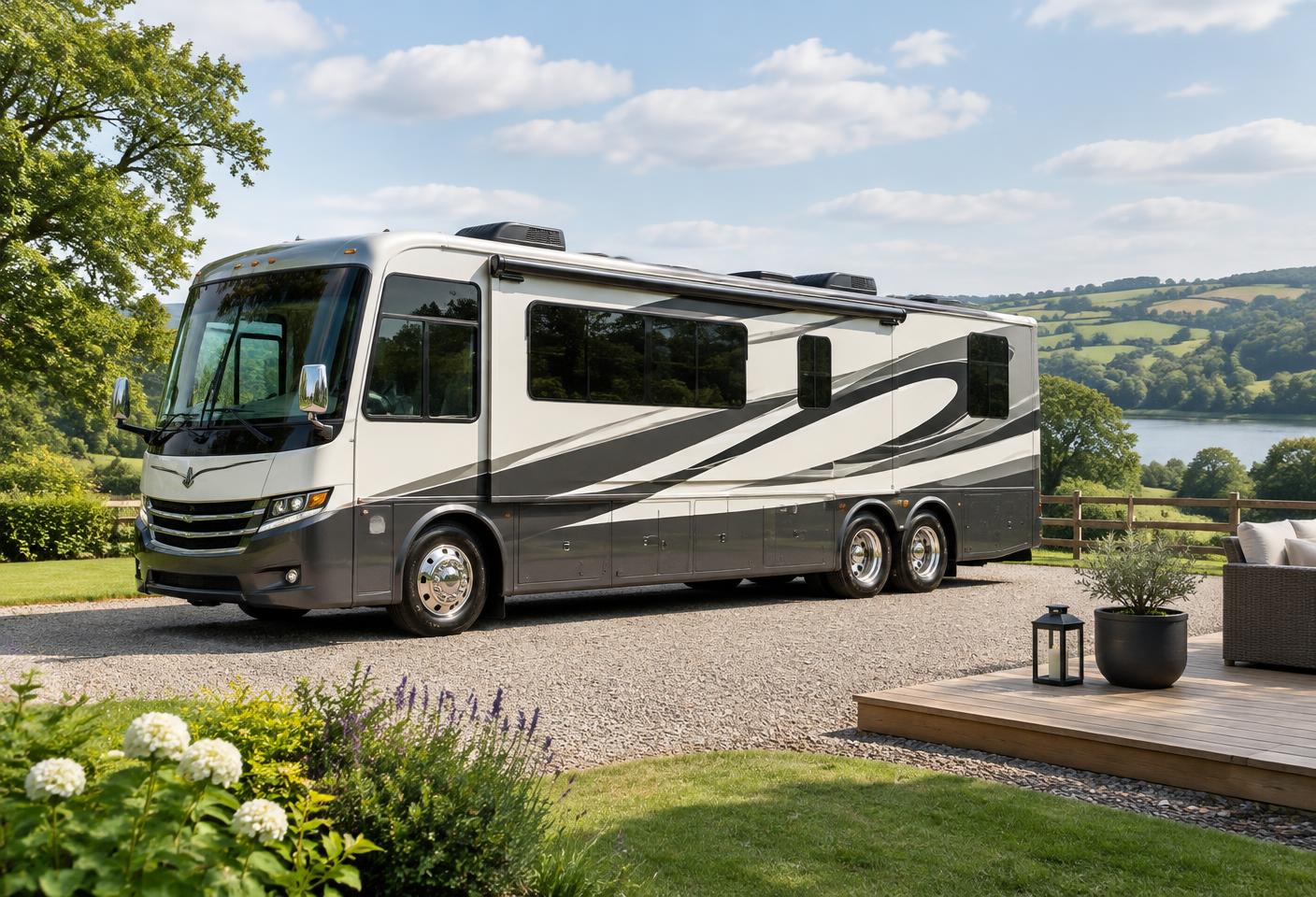 Illustrative premium American motorhome on a countryside pitch
